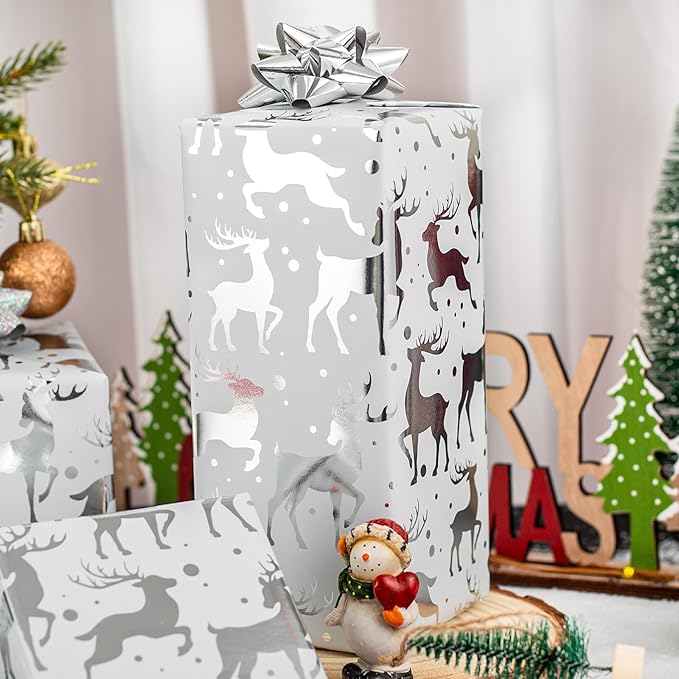MAYPLUSS Reindeer Christmas Wrapping Paper Roll - 17 Inch X 33 Feet - Silver Metallic Foil Paper - Elegant Elk Christmas Seasonal Gift Wrap Paper for Winter, Holiday, Birthday, Party Decoration