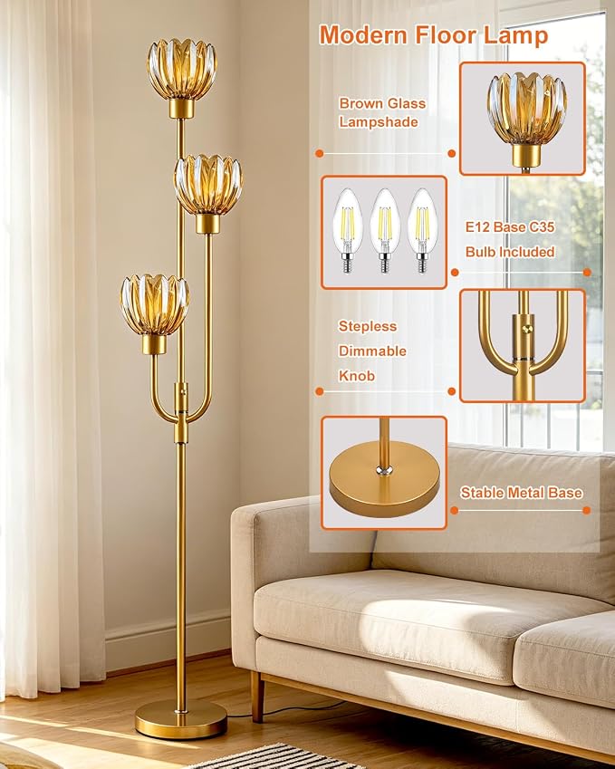 Lightdot 3-Lights Modern Glass Floor Lamp Gold Dimmable Floor Lamps with 3000K Warm White Bulbs for Wedding Party 66IN Tall Standing Lamp with Amber Glass Shade for Living Room/Bedroom/Home Decor
