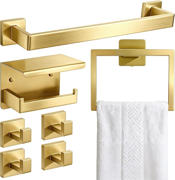 Brushed Gold Bathroom Accessories Hardware Set, 7-Pieces Stainless Steel Towel Racks for Bathroom, 16 Inch Towel Bar, Towel Holders, Updated Toilet Paper Holder with Shelf Wall Mounted