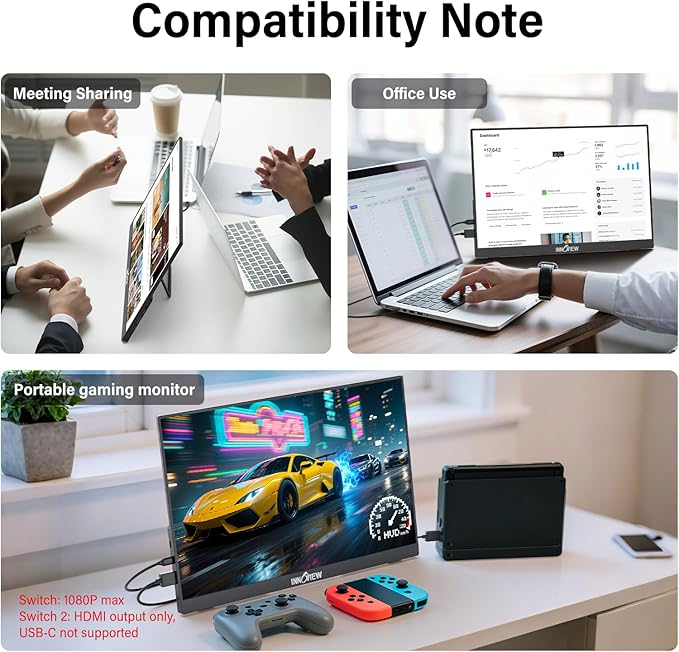 InnoView 16-inch 180Hz Portable Monitor FHD1920×1200 100% sRGB Laptop Screen Extender | 2 x Type-C & HDMI 16:10 Portable Monitor Compatible with 144hz/Macbook/Switch/PS5/Xbox