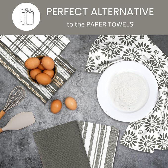 Assorted Kitchen Towels Large 16x26 inches 100% Cotton Set of 5 - Soft Absorbent Tea Towel for Kitchen - Quick Drying Dish Towels - Dish Cloths with Hanging Loop - Grey