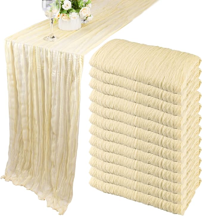 12 Pack 10Ft Cheesecloth Table Runner 35x120 Inch Boho Gauze Rustic Cheese Cloth Long Romantic Table Runner for Wedding Bridal Shower Birthday Party Table Decor (Beige)