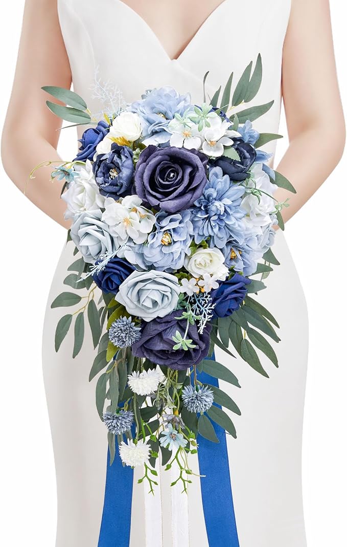 Serwalin 9.8 Inch Wedding Bouquets for Bride Bridesmaid, Dusty Blue Bridal Bouquets for Bride, Wedding Flowers Bouquet Tossing Bouquet, Wedding Ceremony and Anniversary Decoration