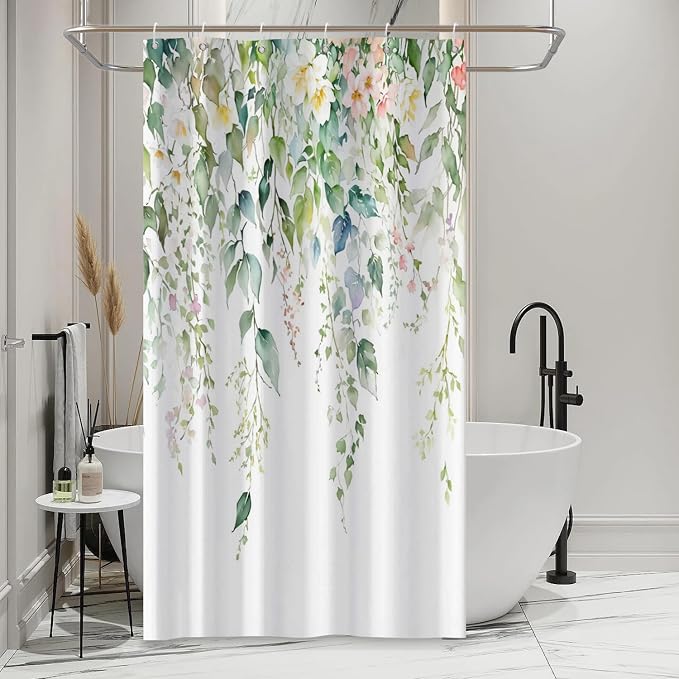 Sage Green Eucalyptus Shower Curtain Watercolor Botanical Floral Leaves Shower Curtain Set Spring Nature Bathroom Decor with 6 Hooks,36x72 Inches