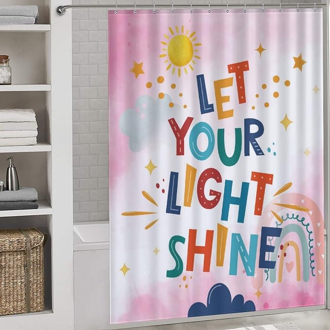 Pink Rainbow Shower Curtain for Bathroom, Boho Cute Inspirational Motivational Quotes Rainbow Colorful Baby Kids Girls Waterproof Fabric Shower Curtain Set with Hooks, 72"x78" Inch