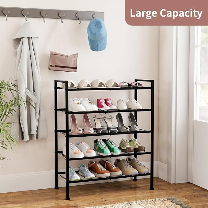 DongRong 5-Tier Shoe Rack,Metal Simple Shoe Storage Organizer Utility Shelf for Closet,Entryway, Bedroom,Small Spaces (Black, 5 Tier)