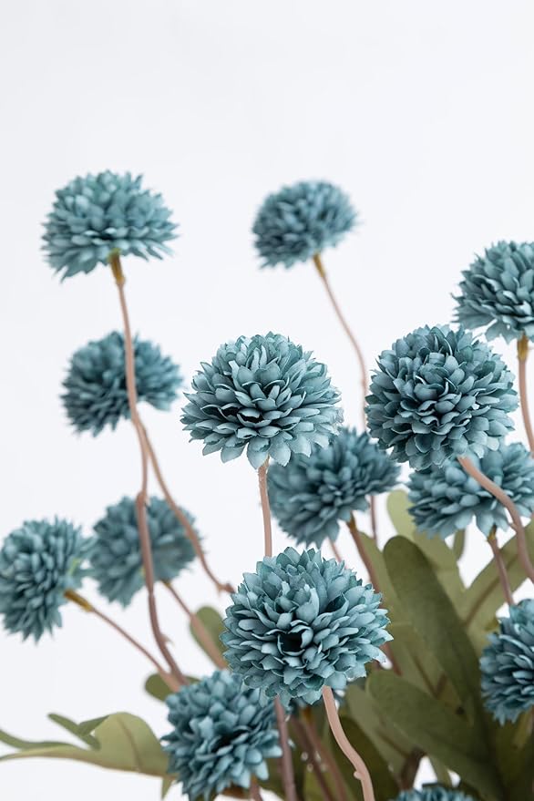 Laelfe Dusty Blue Flowers Artificial Pompon Mum, Fake Kiku Flowers Silk Small Mini Chrysanthemum Ball Faux Mum Decor for Autumn Filler DIY Bouquet Centerpieces Arrangements Shower (Dusty Blue)