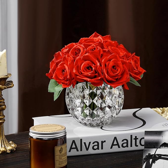 18PCS Artificial Red Rose Fake Flowers in Vase, Fake Rose with Vase for Dining Table, Bedroom, Wedding Decor (Red)