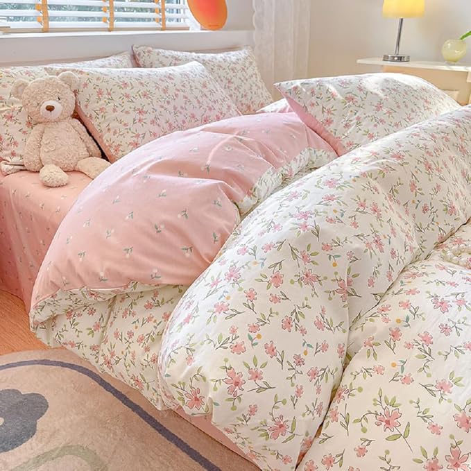 Girls Pink Floral Duvet Cover Twin XL Soft 100% Cotton Aesthetic Flower Bedding Set Vintage Botanical Comforter Cover Breathable Cottagecore Bedding Set 1 Twin XL Duvet Cover with 2 Pillowcases