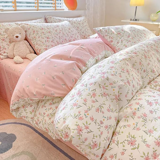 Girls Pink Floral Duvet Cover Twin XL Soft 100% Cotton Aesthetic Flower Bedding Set Vintage Botanical Comforter Cover Breathable Cottagecore Bedding Set 1 Twin XL Duvet Cover with 2 Pillowcases