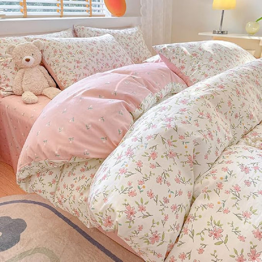 Vintage Style Pink Floral Duvet Cover King Cotton Garden Flower Duvet Cover Boho Cottagecore Bedding Set Chic Botanical Duvet Cover with 2 Pillowcases White Floral Comforter Cover King Bedding Set
