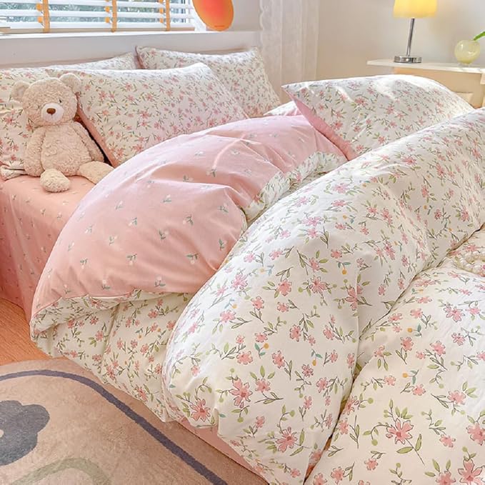 LifeTB Cotton Floral Duvet Cover Twin Pink White Bedding Sets Vintage Style Flower Botanical Boho Aesthetic Comforter Chic Garden with Zipper Closure, Twin(68/''x86/'')