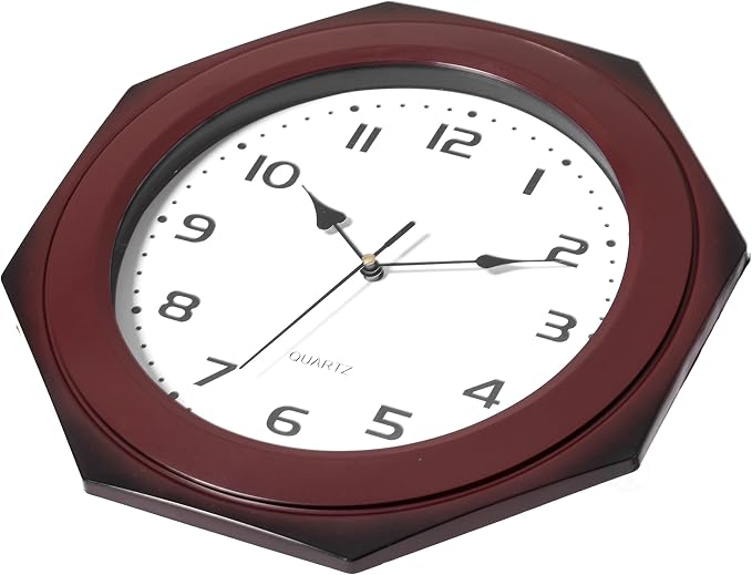 Clockswise Quickway Imports Brown Modern Decorative Octagon Shaped Wood- Looking Plastic Wall Clock for Living Room, Kitchen, or Dining Room