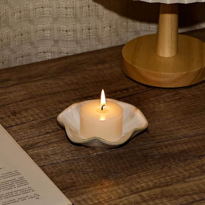 Koythin 2-Piece Ceramic Candle Holder, Aesthetics Candlestick Holders for Tea Lights, Lotus Leaf Shape Candle Stand for Mantle Table, Adorable Vintage Decor for Weddings Dining (Milky White)