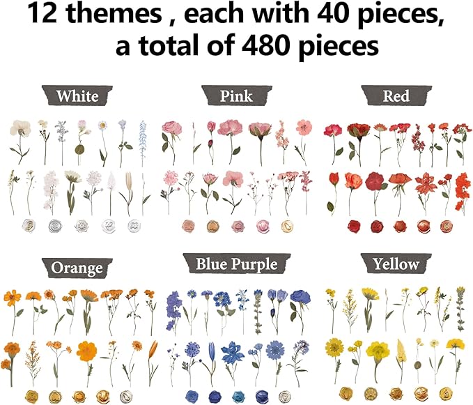 NESSCCI Pressed Flower Themed Stickers (Assorted 480 Pieces,24 Sheets) Scrapbook Supplies,Stickers for Journaling, Dried Floral Resin,Scrapbook Sticker,Junk Journal Sticker