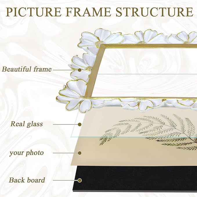 4x6 Vintage Flower Picture Frame, Ornate Antique Photo Frame with Glass Front, Elegant Picture Frame for for Wall or Tabletop Display, Gift ldeas for Home Decor (White Gold)