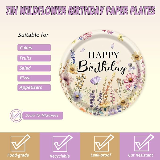72Pcs Fall Wildflower Plates and Napkins, Floral Birthday Party Supplies Autumn Wildflower Paper Plates and Napkins Forks Tableware Decorations for Fall Picnic Tea Party Baby Shower Birthday, Serve 24