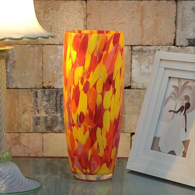 Ca D Oro Murano-Style Glass Vase Orange/Yellow Confetti Effect Hand Blown Art Glass Crystal for Flower, Room Decoration and Centerpiece - Model AD3