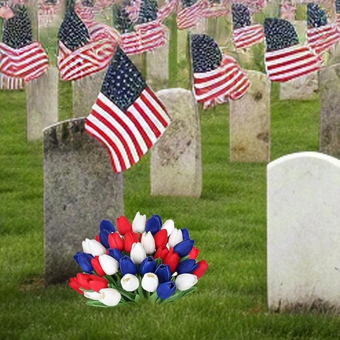 20pcs Artificial Tulips Patriotic Flowers for 4th of July Decor Fake Tulip Independence Day Slik Tulips Memorial Day Table Centerpiece Decor(Red White and Blue Flowers)