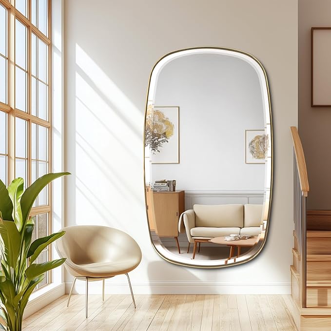 POZINO Gold Beveled Mirror, 28"x48" Modern Rounded Rectangle Mirrors, Large Brass Oval Mirrors, Oblong Vanity Wall Mirror for Bedroom Living Room Entryway Fireplace, Hangs Horizontal Or Vertical