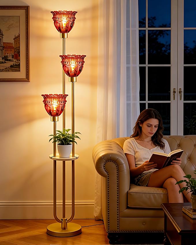Lightdot Glass Floor Lamp with 5Lbs Heavy Base for Living Room Modern Gold Floor Lamp with Rose Red Glass Shade & 3000K Bulbs Included Tall Standing Lamp with Foot Switch for Sofa Beside/Corner Decor