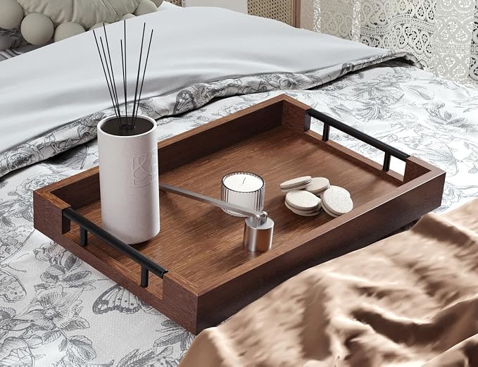 Fibogollo Bamboo Serving Tray with Metal Handles,15x10in Ottoman Decorative Trays Platter for Coffee Table,Living Room,Bar,Party,Medium(Brown)