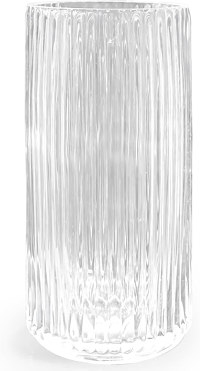 Muyan 9.8" Flower Vase for Decor Ribbed Glass Vase Modern for Centerpieces Desktop Home Office Dining Living Room Wedding (Clear)
