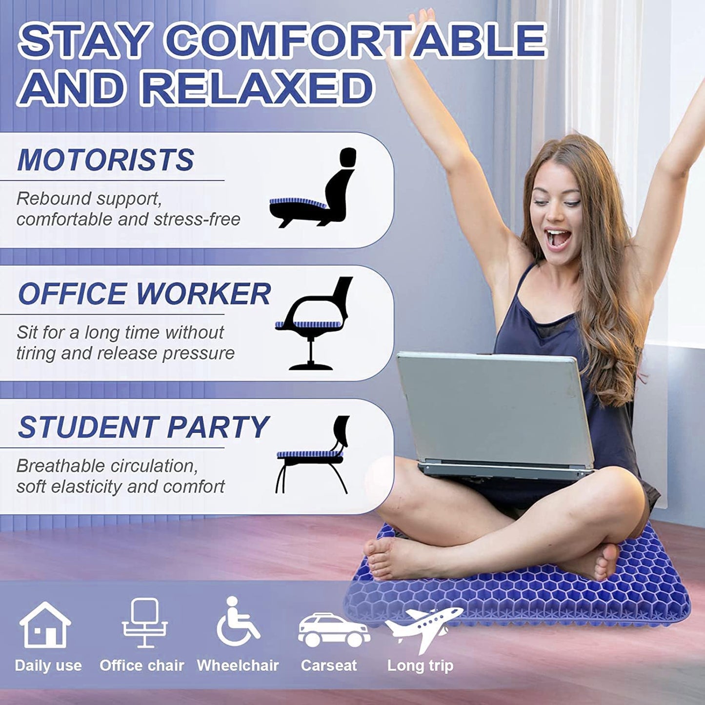 Skiennix Gel Seat Cushion - 19x19 Inch Pressure Relief for Long Sitting | Soft Breathable Gel Pad (Blue)