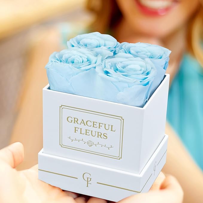 Graceful Fleurs | Real Long Lasting Roses for Years | Preserved Fresh Flowers for Delivery Birthday | Birthday Gifts for Women | Forever Roses in a Box (Baby Blue, White Box, 4 Roses)