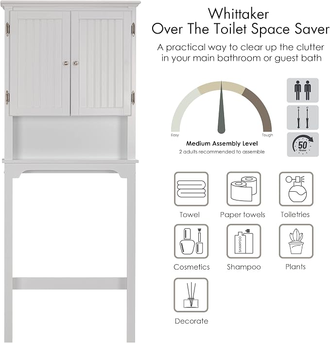 UTEX Over The Toilet Storage Cabinet, Over Toilet Bathroom Organizer with Adjustable Shelves and Double Doors, White