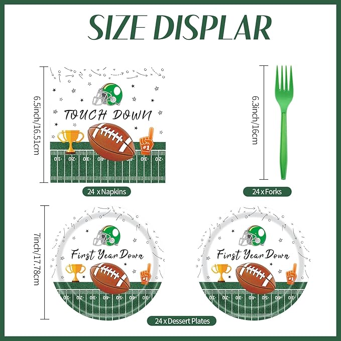 72 Pcs First Down Football Plates and Napkins - DIY First Year Down Birthday Party Decorations for Boy Birthday, 24 Guests