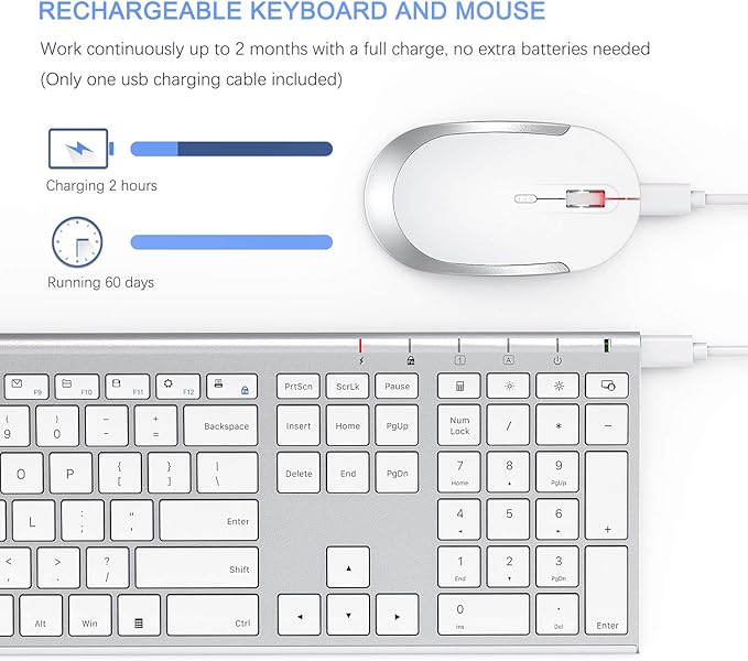 Wireless Keyboard and Mouse, Vssoplor 2.4GHz Rechargeable Compact Quiet Full-Size Keyboard and Mouse Combo with Nano USB Receiver for Windows, Laptop, PC, Notebook-White Silver