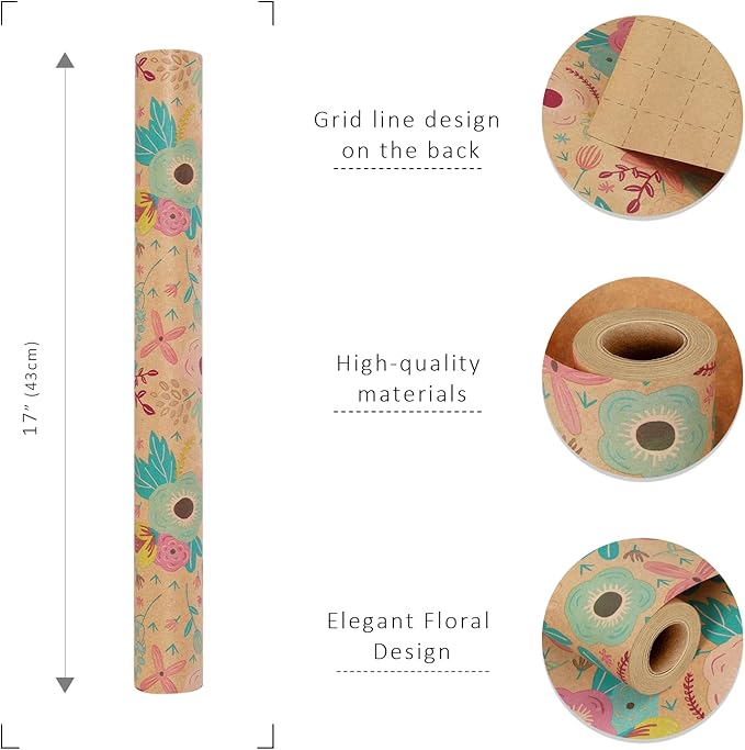 BIOBROWN Kraft Floral Wrapping Paper Roll - 17 Inches X 33 Feet (47 sq. ft. ttl.) Wildflowers Design Flower Gift Wrap for Mother's Day, Wedding, Bridal Shower, Birthday