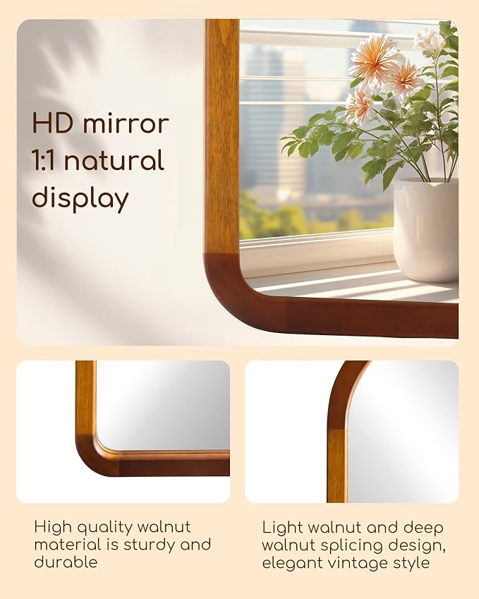 Arched Bathroom Mirror,Wood 24 x 36 Inch Arch Wall Mirror with Walnut Frame,Vanity Tempered Glass Mirror for Bedroom,Entryway,Living Room