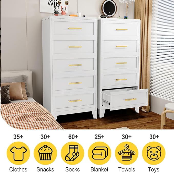 5 Drawers White Dresser for Bedroom, 53.46" Tall Metal Dressers & Chests of Drawers Curved Corner Design, Storage Organizer Drawer Chest with Large Capacity for Living Room, Entryway, Hallway