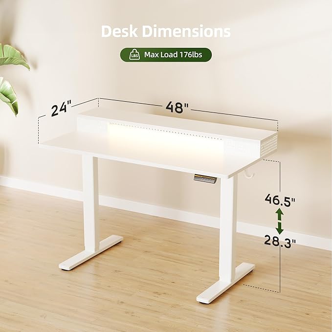 Claiks Electric Standing Desk with Shelf, 48 Inch Height Adjustable Standing Desk with LED Lights & Monitor Stand, White Frame/White Top