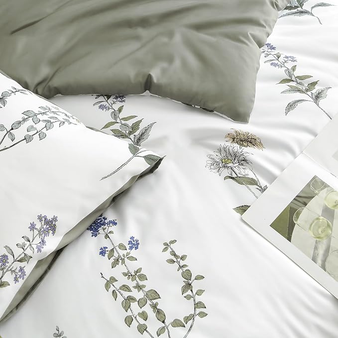 Nayoroom Floral Duvet Cover Full Size White Green Botanical Flower Cottagecore Bedding Set 3 Pieces Soft Lightweight Reversible Aesthetic Duvet Cover with Zipper Closure