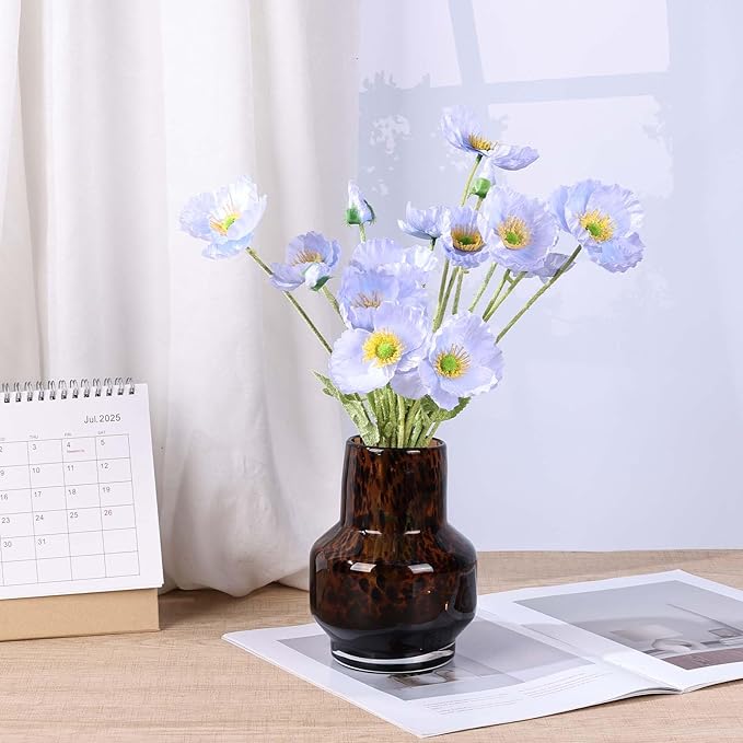 Amber Vase – Brown Glass, Modern Clear Glass Vase with Wide Mouth for Flowers, Decorative Bottles for Home Decor, Farmhouse Centerpiece, Round Art Glass Vase for Living Room, Kitchen, Office (S)