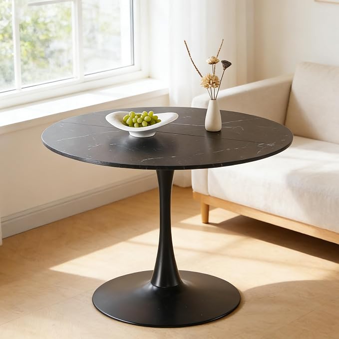 42" Tulip Table for 4-6 Persons Modern Round Dining Table, Mid-Century Modern Black Marble Small Kitchen Table with MDF Wooden Top, Leisure Coffee Table for Living Room, Dining Room, Office