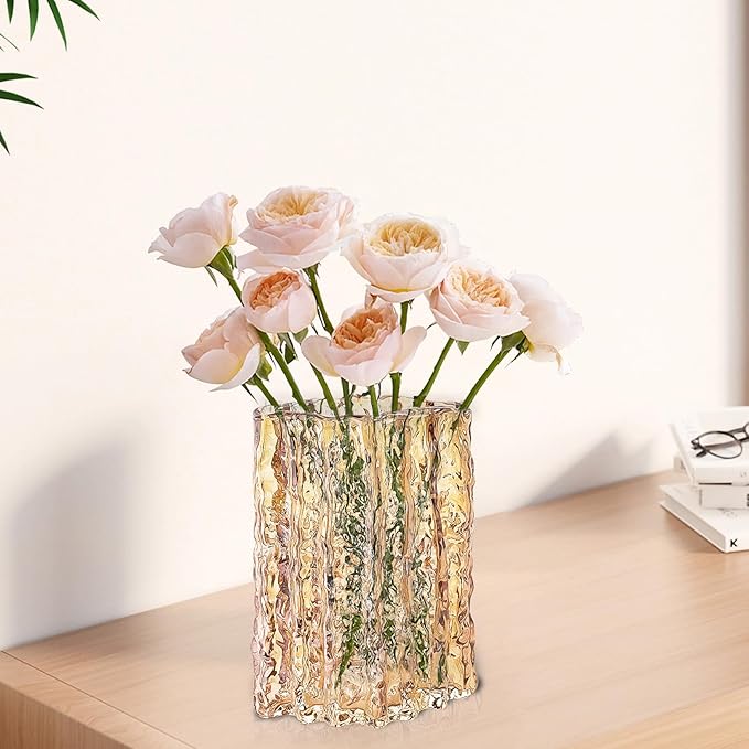 Aoderun Glass Vase Crystal Vase Heavy Duty Large Flower Vase for Dining Table Kitchen Office Home Shelf Wedding Living Room Centerpieces(Amber)