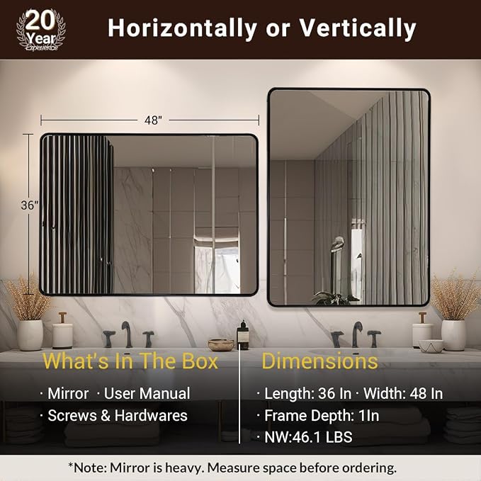 ANDY STAR 48X36 Inch Black Bathroom Mirror, Matte Black Vanity Mirrors for Wall, Rounded Rectangle Mirror for Bathroom, Seamless Tube Metal Frame, 1’’ Deep Wall Mounted Vertical/Horizontal