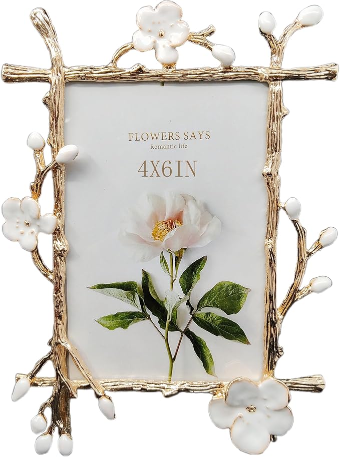 Vintage 4X6 Floral Metal Picture Frame with Enamel Finis Glass Front - Ornate Antique Big White Flowers Photo Frame Tabletop/Wall Display Gifts for Women