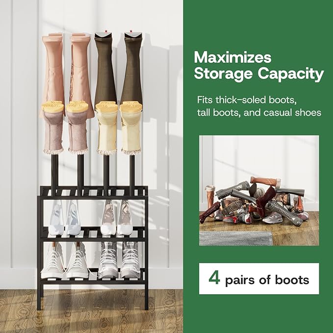 kiplant Small Boot Rack Organizer Tall Boots- 4 Pair Boot Rack Bamboo Wood Shoe Rack for Entryway & Closet, Holds Tall Boots