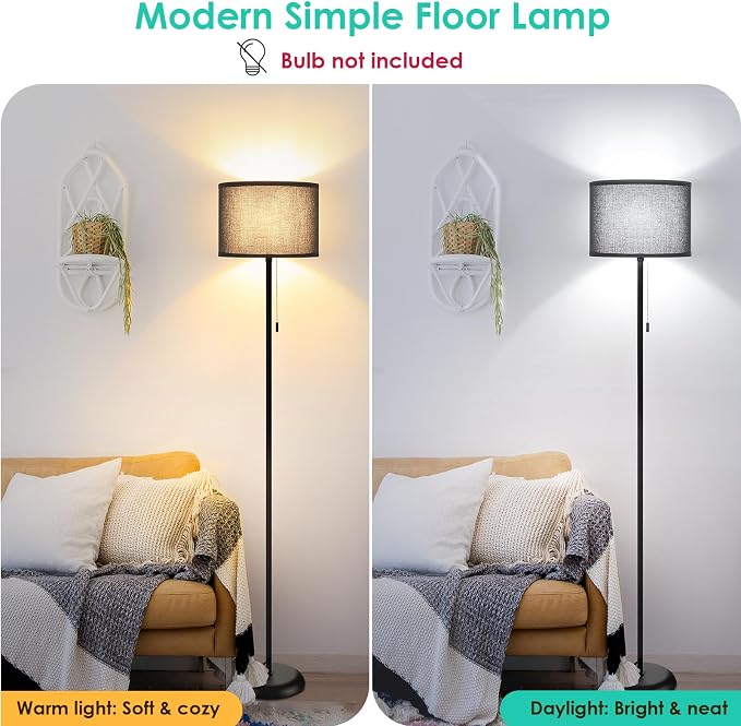 FOLKSMATE Floor Lamp for Living Room, LED Modern Simple Standing Lamp, Black Tall Lamps for Bedroom, Living Room, Office, Kids Room and Reading, Minimalist Pole Lamp with Shade, Without Bulb