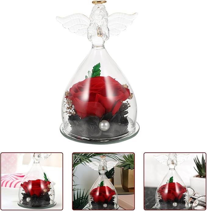 Garneck Eternal Preserved Rose with Angel Figurines in Glass Dome Romantic Desktop Ornament for Birthday Mother's Day Wedding Floral Decoration