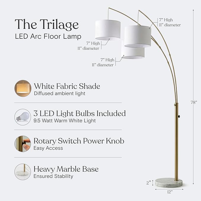 Brightech Trilage Arc Floor Lamp - Large Standing Lamp with 3 Fabric Shades & LED Bulbs for Living Room Over the Sofa, Reading, Multi-Head Traditional Tree Floor Lamp for Bedroom - Brass