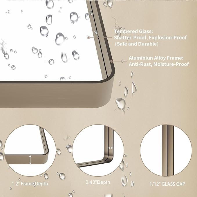 LOAAO 40”X30” Bronze Bathroom Mirrors for Vanity, Rounded Rectangle Brushed Bronze Metal Frame Mirror, Anti-Rust, Tempered Glass, Hangs Horizontally or Vertically