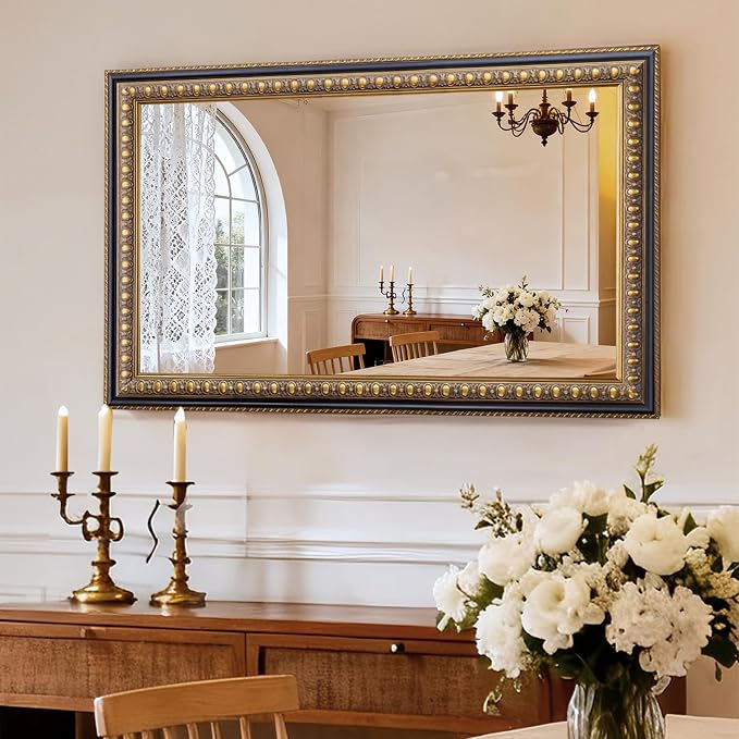Vintage Gold Mirror for Wall Decor, 43" L x 27" W Baroque Mirror with Carved Frame and Handmade Aged Gold Finish, Rectangular Wood Mirrors for Living Room Bathroom Fireplace
