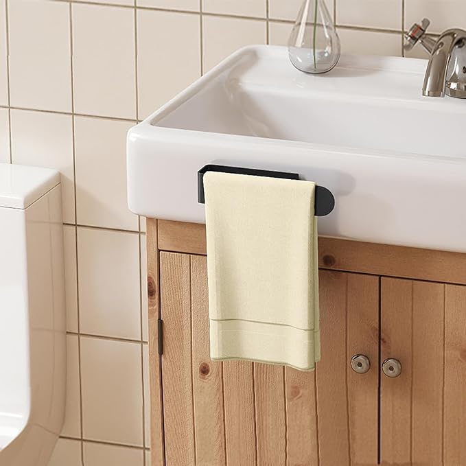 Adhesive Towel Holder, Self Adhesive Hand Towel Racks for Bathroom Wall Mounted, 8 Inch Square Hand Towel Bar Stick on Wall for Kitchen Cabinet RV, Black