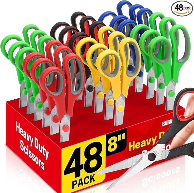 BURVAGY 8" Multipurpose Scissor Bulk 48 Pack, Comfort Grip Handles Ultra Sharp Blade Shears Stainless Steel Scissors for Office Home, All Purpose Scissors